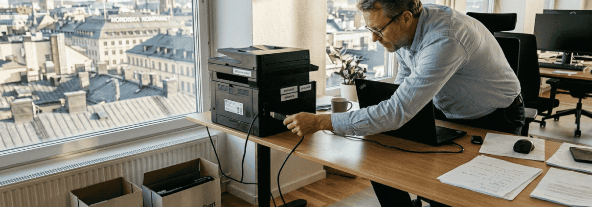 En medarbetare installerar en skrivare på kontoret i Stockholm.