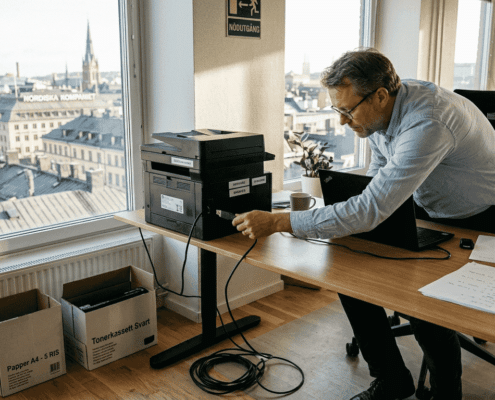 En medarbetare installerar en skrivare på kontoret i Stockholm.