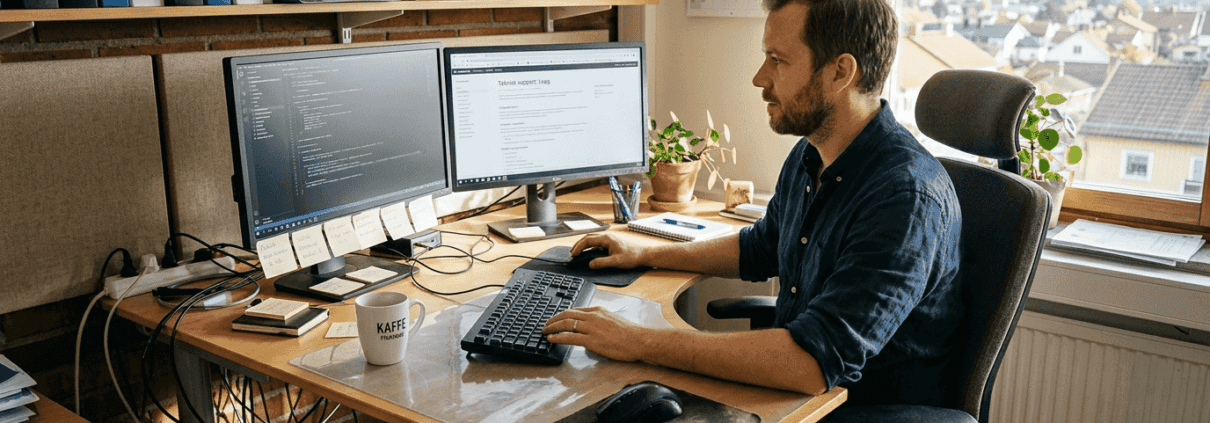 En IT-tekniker sitter och jobbar vid datorn på ett mindre kontor.