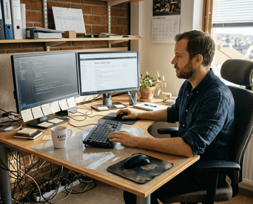 En IT-tekniker sitter och jobbar vid datorn på ett mindre kontor.