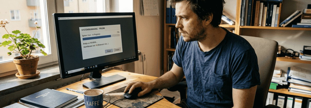 En man sitter hemma vid sin dator och söker igenom den efter virus.