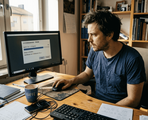 En man sitter hemma vid sin dator och söker igenom den efter virus.