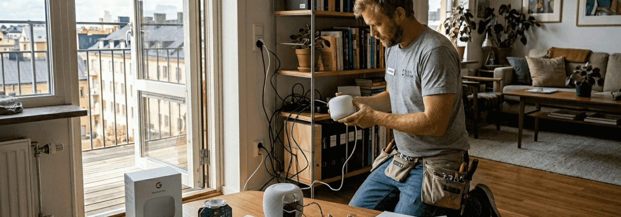 Wifi-installation i Stockholm: optimera ditt nätverk 2026 1 Tekniker installerar wifi i lägenhet