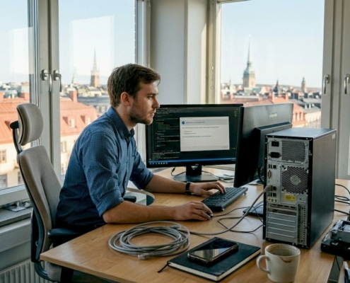 Upptäck fördelar med it-support för småföretag 2026 8 IT-specialist arbetar vid skrivbordet
