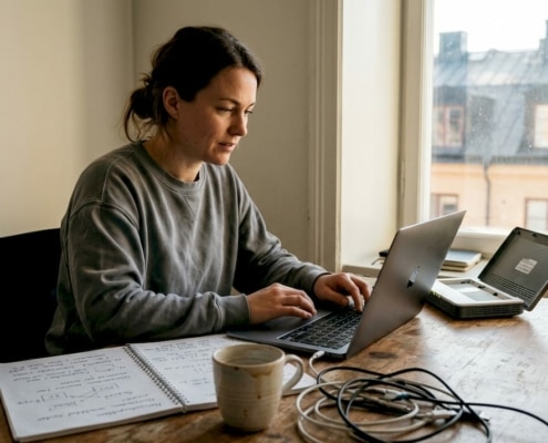 Vad innebär datasupport? Guide för Stockholm 2026 6 Kvinna arbetar vid skrivbord hemma.