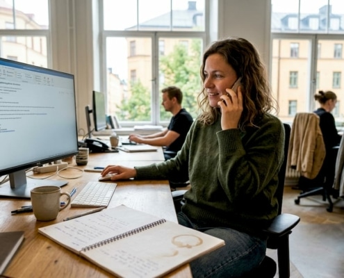 Effektiv it-support workflow i Stockholm 2026: 73% snabbare lösningar 4 Kvinna pratar i telefon på kontor