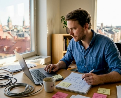 Man arbetar vid dator med anteckningar.