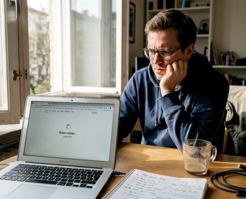 Frustrerad man vid datorn hemma.