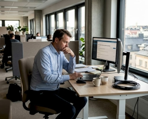 Man arbetar vid skrivbord i kontor.